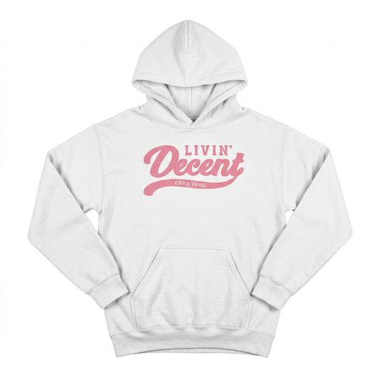 White hoodie with pink print