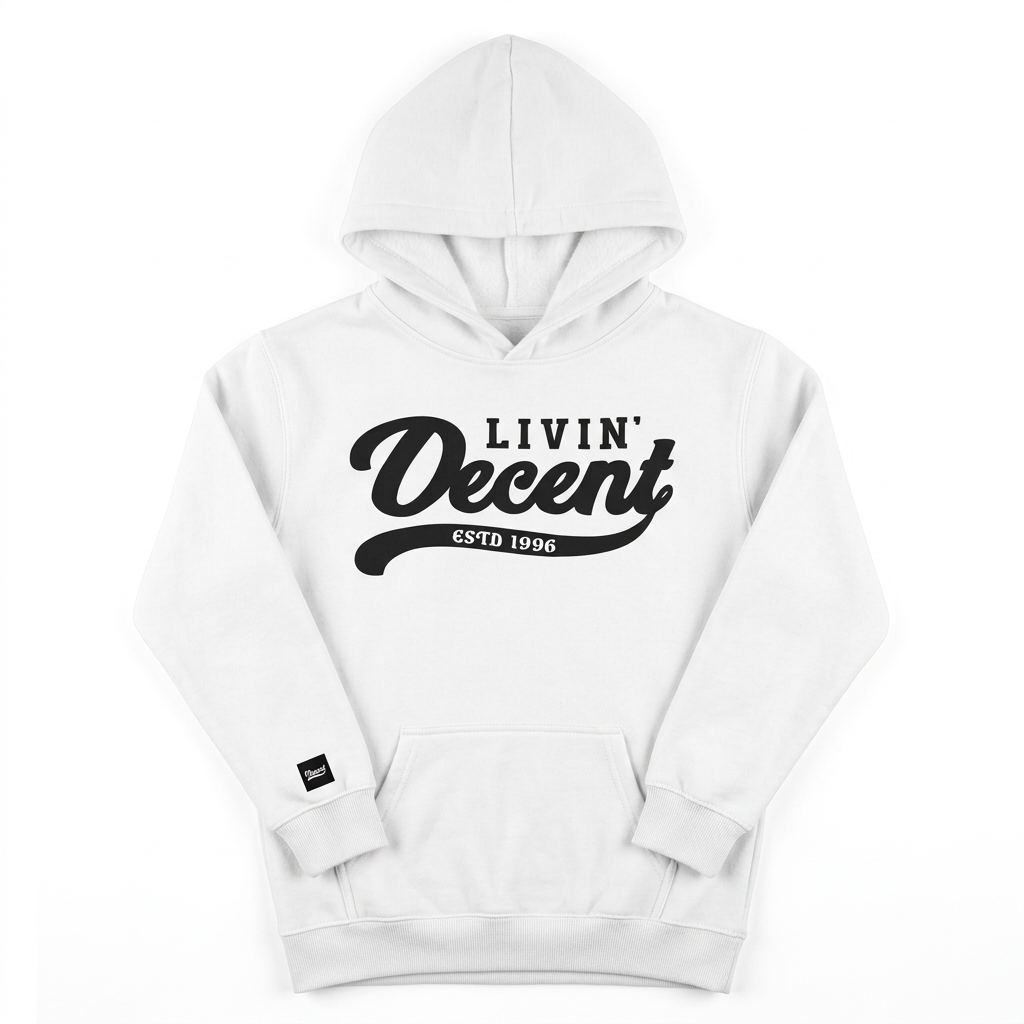 White youth hoodie with black print