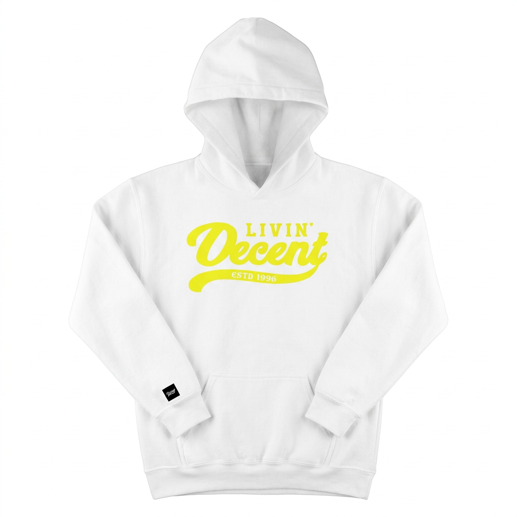 White youth hoodie with yellow print